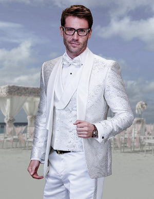 3pc White Shawl Lapel Tuxedo With Side Seam On Pants Including Matching Bow Tie| DELANO-1| White