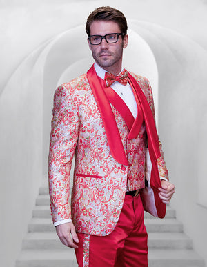 3pc Blush Shawl Lapel Tuxedo With Side Seam On Pants Including Matching Bow Tie| DELANO-2| Coral