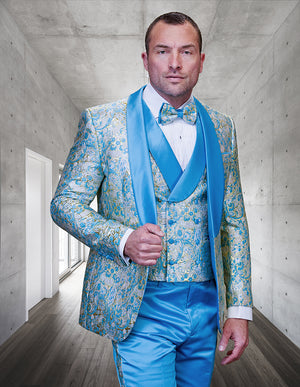 3pc Tuxedo.satin Pants With Side Seam Trim Including Bow Tie | DELANO-2| Turquoise