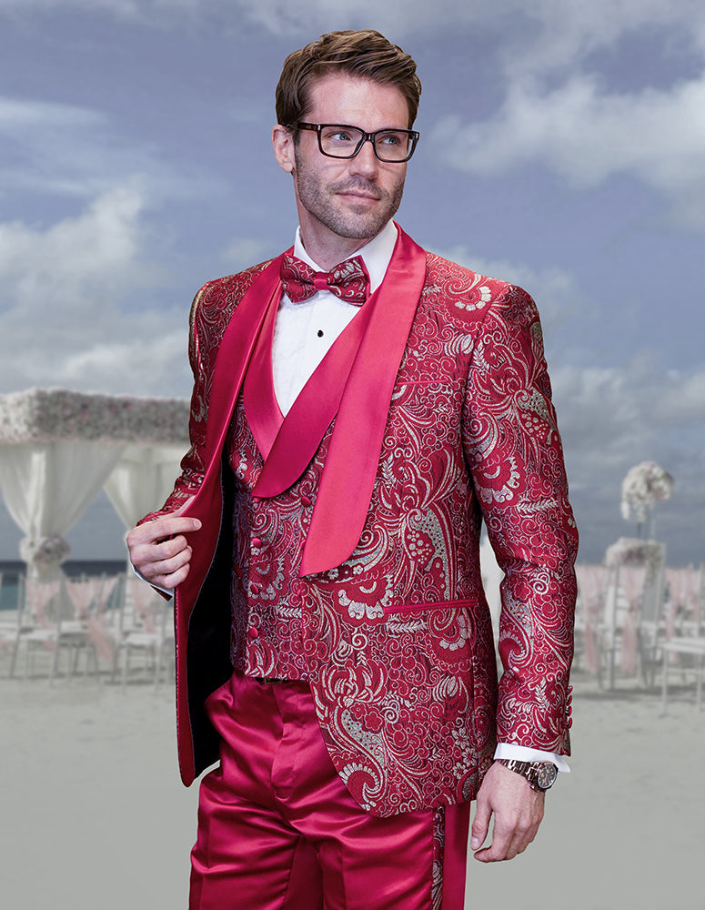 3pc Shal Lapel Tuxedo Suit. Satin Pants With Side Seam. Including Bow Tie| DELANO-4| Red
