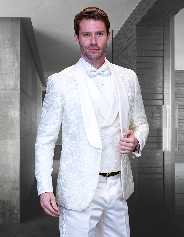 3pc Off White Shawl Lapel Tuxedo With Side Seam On Pants Including Matching Bow Tie| DELANO-6| Off White