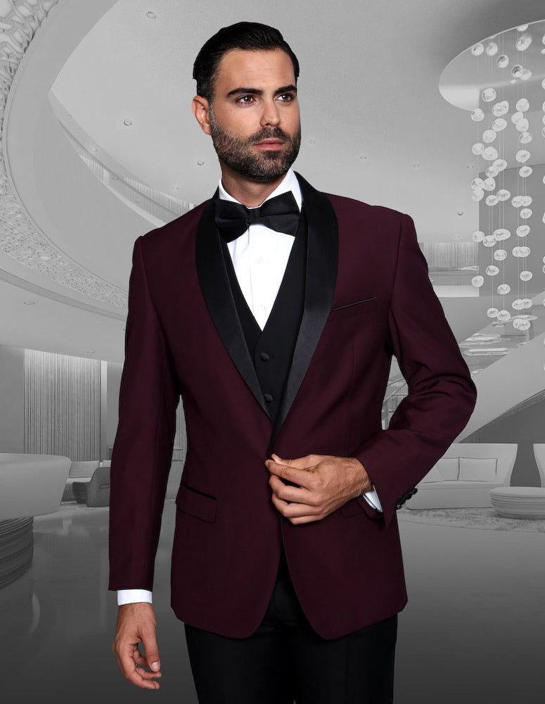 Men’s Burgundy solid 3pc suit tailored fit flat front pants matching bow-tie STATEMENT SUITS ENCORE