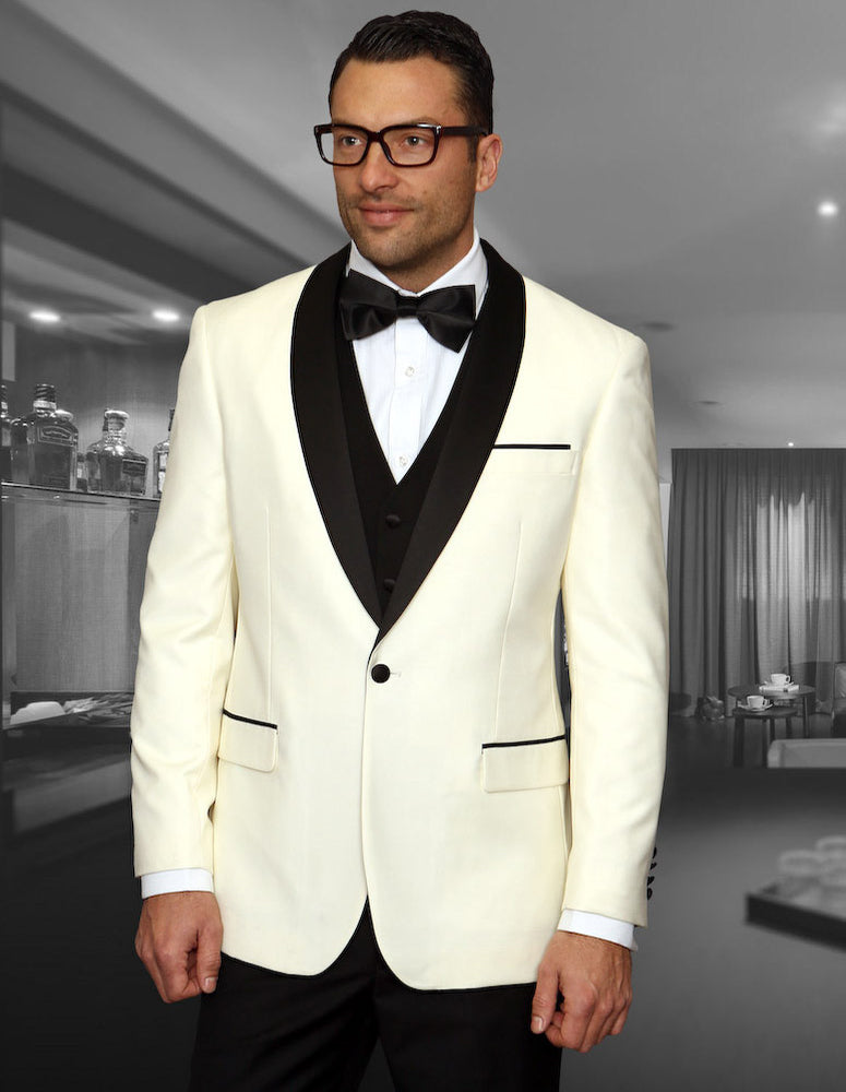 Men’s Off-White solid 3pc suit tailored fit flat front pants matching bow-tie STATEMENT SUITS ENCORE
