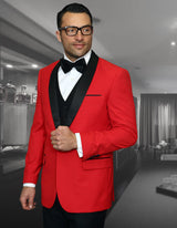 Men’s Red solid 3pc suit tailored fit flat front pants matching bow-tie STATEMENT SUITS ENCORE