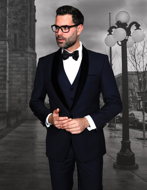 3 Pc Flat Front Pants, Velvet Lapel With Matching Bow Tie| ENCORE-V| Navy-1