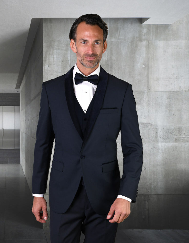 3 Pc Flat Front Pants, Velvet Lapel With Matching Bow Tie| ENCORE-V| Navy