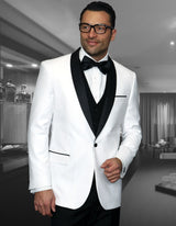 Men’s White solid 3pc suit tailored fit flat front pants matching bow-tie STATEMENT SUITS ENCORE