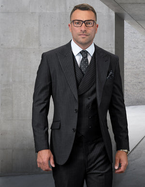 3pc Black Pinstripe Suit. Modern Fit Italian Wool Super 180\'s| EXPLO| Black