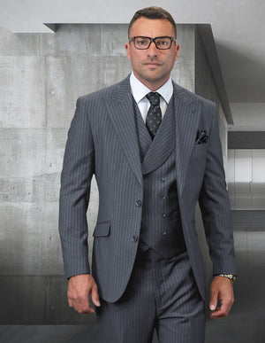 3pc Black Pinstripe Suit. Modern Fit Italian Wool Super 180\'s| EXPLO| Gray