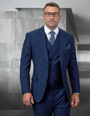 3pc Black Pinstripe Suit. Modern Fit Italian Wool Super 180\'s| EXPLO| Navy