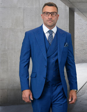 3pc Black Pinstripe Suit. Modern Fit Italian Wool Super 180\'s| EXPLO| Sapphire