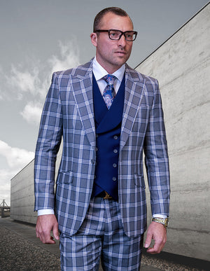 3 Pc. Men’s Plaid Suit with Solid Contrast Double Breasted Vest Super 180’s Italian Wool Modern Fit Flat Front Pants | FASINI-BG-Celeste