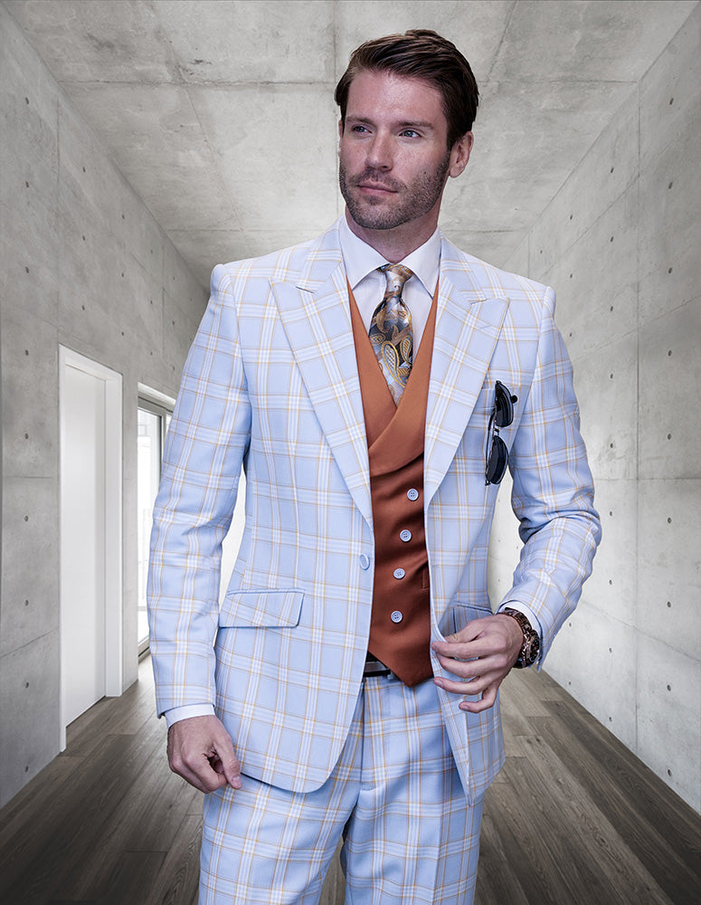 Sophisticated 3-Piece Plaid Suit with Solid Color Contrast Double-Breasted Vest  FASINI- | CLEARANCE