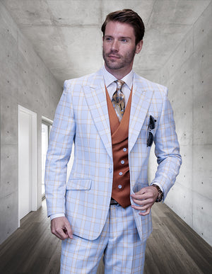 Elegant 3-Piece Plaid Suit with Contrast Double-Breasted Vest | FASINI| Blue