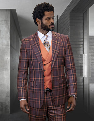 3pc Plaid Suit With Solid Color Contrast Double Breasted Vest. Super 180\'s Italian Wool Fabric. Modern Fit Flat Front Pants| Firenze| Copper