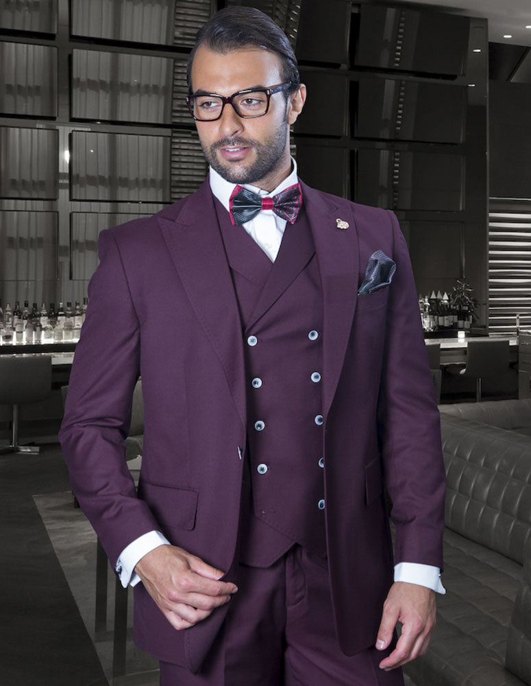 Men’s Burgundy solid 3pc suit modern fit wide‑leg pants double‑breasted vest super 180’s italian wool STATEMENT SUITS FLORENCE