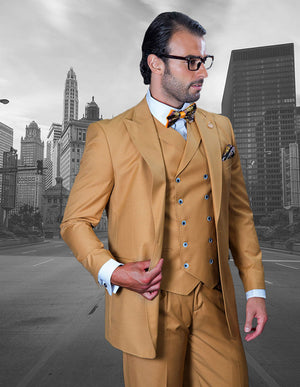 3pc Wide Leg Pants, Peak Lapel One Button With Double Breasted Vest| FLORENCE| Camel