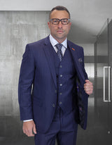 Men’s Navy herringbone shadow stripe 3pc suit modern fit Italian Super 200’s wool STATEMENT SUITS GARDA