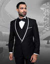 Men’s Black solid 3pc suit tailored fit flat front pants bow-tie STATEMENT SUITS GENOVA