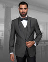 Men’s Charcoal solid 3pc suit tailored fit flat front pants bow-tie STATEMENT SUITS GENOVA