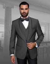 Men’s Charcoal solid 3pc suit tailored fit flat front pants bow-tie STATEMENT SUITS GENOVA