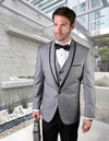 Men’s Grey solid 3pc suit tailored fit flat front pants bow-tie STATEMENT SUITS GENOVA