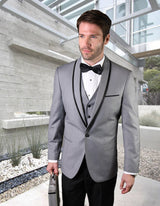 Men’s Grey solid 3pc suit tailored fit flat front pants bow-tie STATEMENT SUITS GENOVA