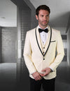 Men’s Off White solid 3pc suit tailored fit flat front pants bow-tie STATEMENT SUITS GENOVA