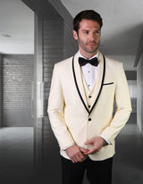 Men’s Off White solid 3pc suit tailored fit flat front pants bow-tie STATEMENT SUITS GENOVA
