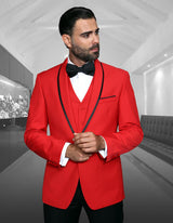 Men’s Red solid 3pc suit tailored fit flat front pants bow-tie STATEMENT SUITS GENOVA