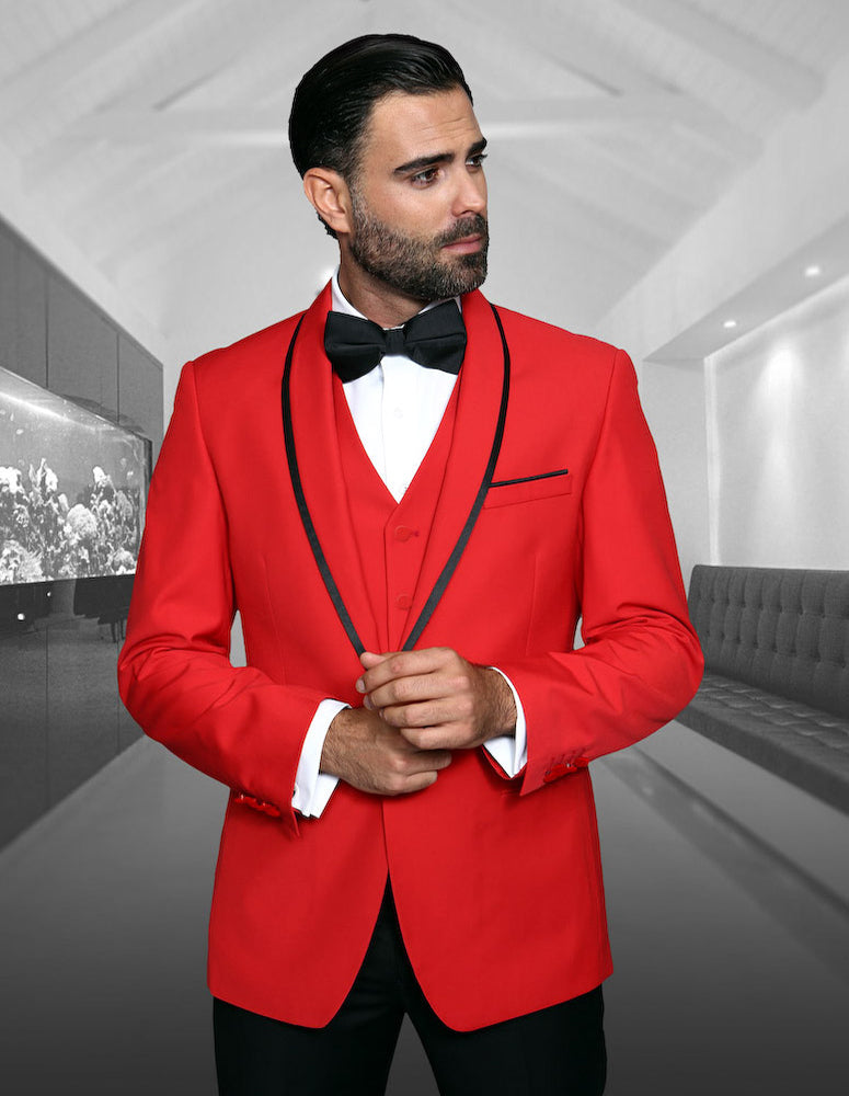 Men’s Red solid 3pc suit tailored fit flat front pants bow-tie STATEMENT SUITS GENOVA