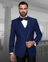 Men’s Sapphire solid 3pc suit tailored fit flat front pants bow-tie STATEMENT SUITS GENOVA