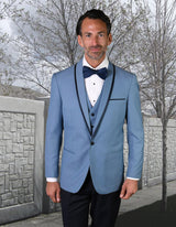 Men’s SteelBlue solid 3pc suit tailored fit flat front pants bow-tie STATEMENT SUITS GENOVA