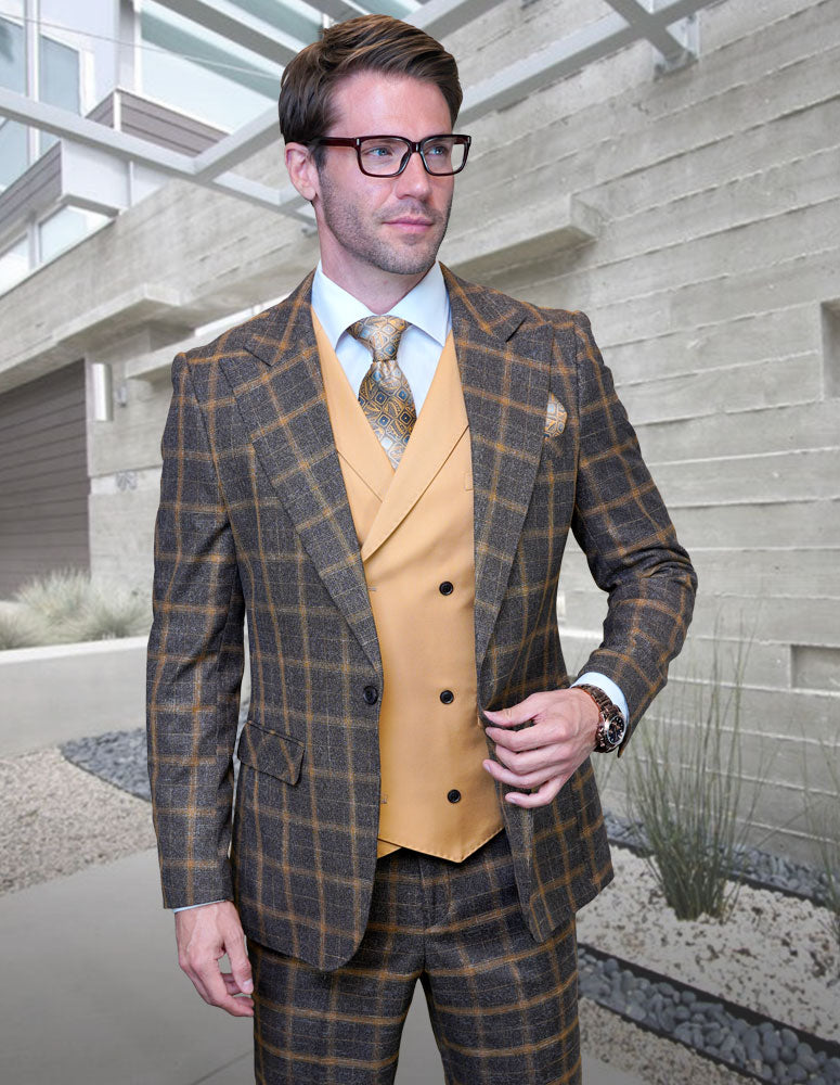3pc Plaid Suit With Solid Color Contrast Double Breasted Vest. Super 150\'s Italian Wool Fabric. Modern Fit Flat Front Panst| HARTFORD| Camel