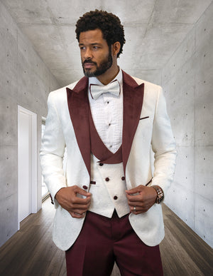 3pc Whitetuxedo Suit With Black Lape Fancy Jacket And Vest With Solid Color Pants. Including Bow Tie| HILTON| Burgundy