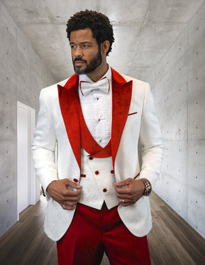 3pc Whitetuxedo Suit With Black Lape Fancy Jacket And Vest With Solid Color Pants. Including Bow Tie| HILTON| Red