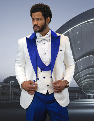 3pc Whitetuxedo Suit With Black Lape Fancy Jacket And Vest With Solid Color Pants. Including Bow Tie| HILTON| Royal