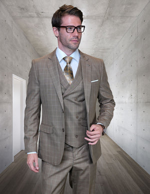 Statement 3pc Plaid Wool Suit. Modern Fit Flat Front Pants With Double Breasted Vest| HUGO-1| Bronze