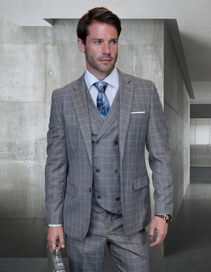 Statement 3pc Plaid Wool Suit. Modern Fit Flat Front Pants With Double Breasted Vest| HUGO-1| Grey