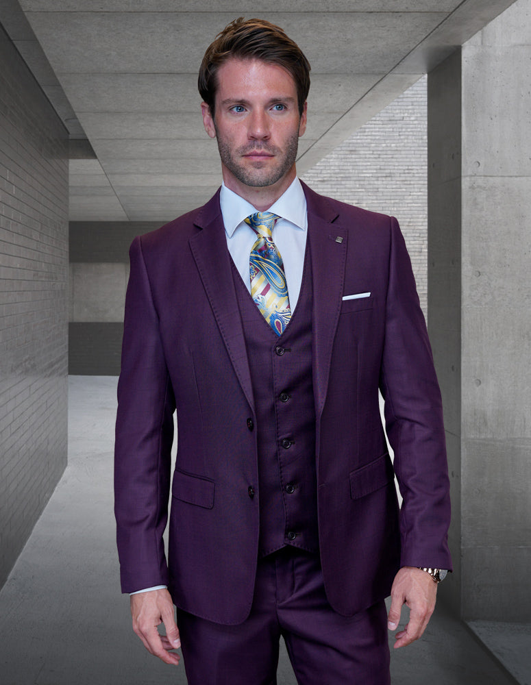 3pc Plum Self Plaid Suit With .super 180\'s Italian Wool & Cashmere Modern Fit Flat Front Pants| HUGO-3| Plum