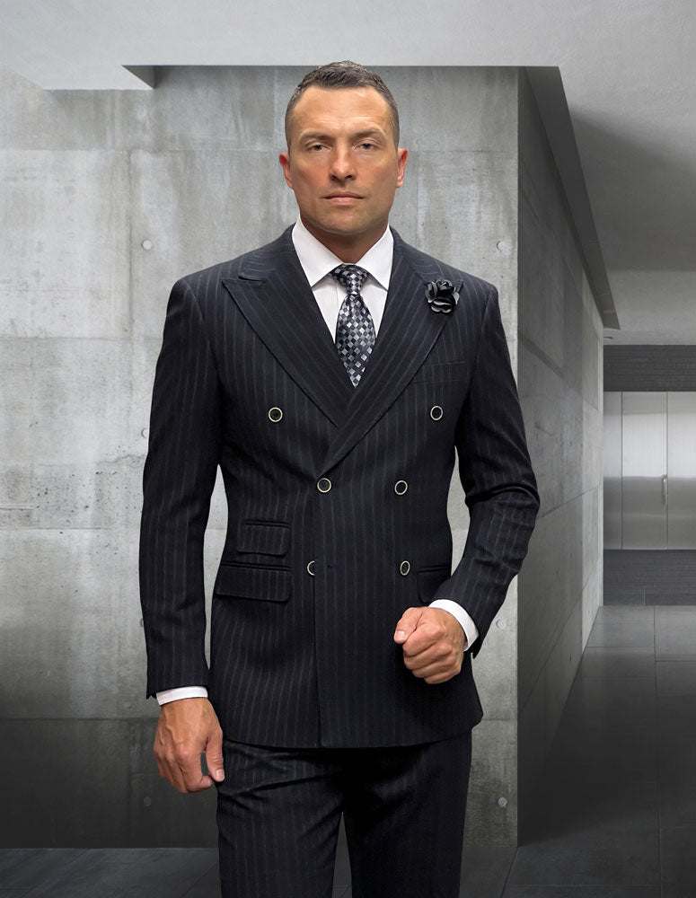 2Pc Pinstripe Double Breasted Suit. Super 200\'S Italian Wool And Cashmere. Modern Fit Flat Front Pants| KELLY| Black