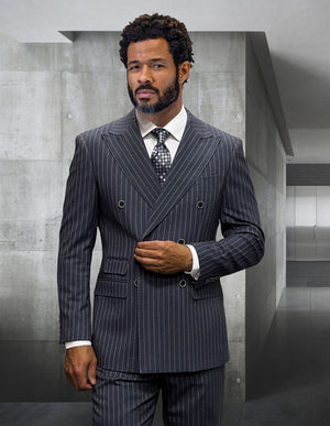 2Pc Pinstripe Double Breasted Suit. Super 200\'S Italian Wool And Cashmere. Modern Fit Flat Front Pants| KELLY| Charcoal