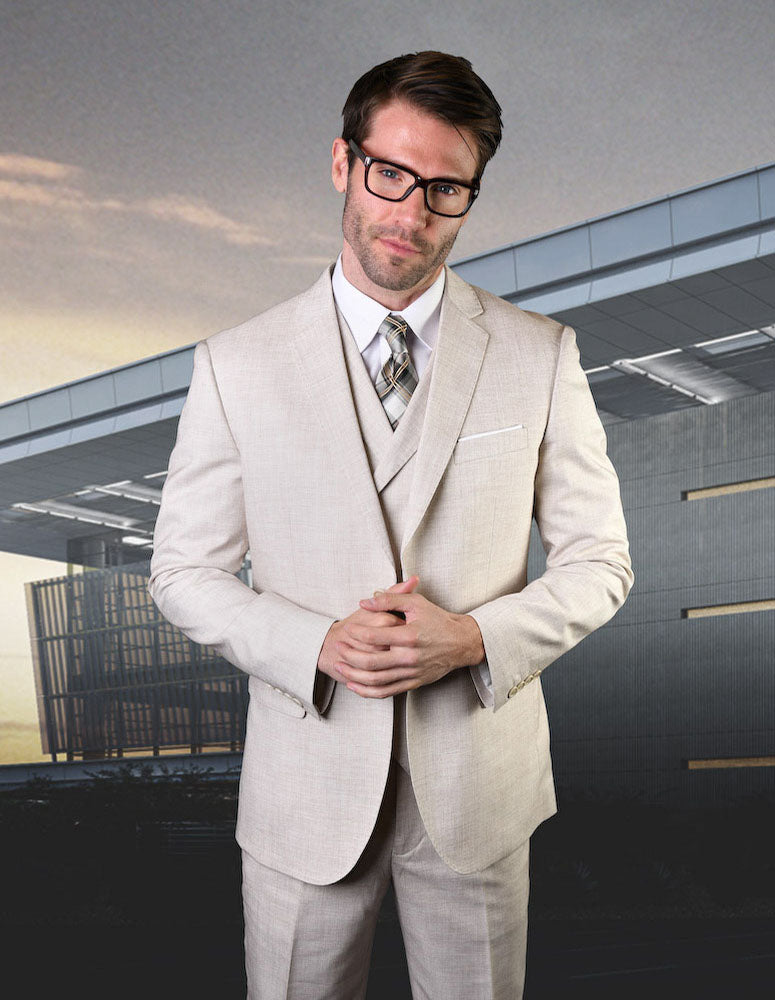Statement Platinum 3pc Tailored Tailored Fit Solid Color Suit. Super 180\'s Italian Fabric| LANZO| Natural