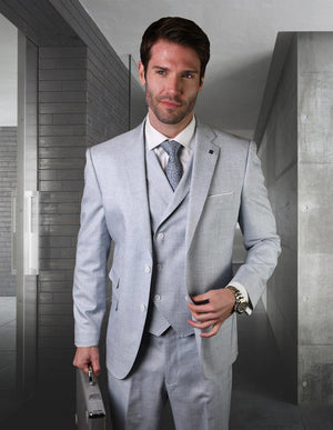 Statement Platinum 3pc Tailored Tailored Fit Solid Color Suit. Super 180\'s Italian Fabric| LANZO| Powder