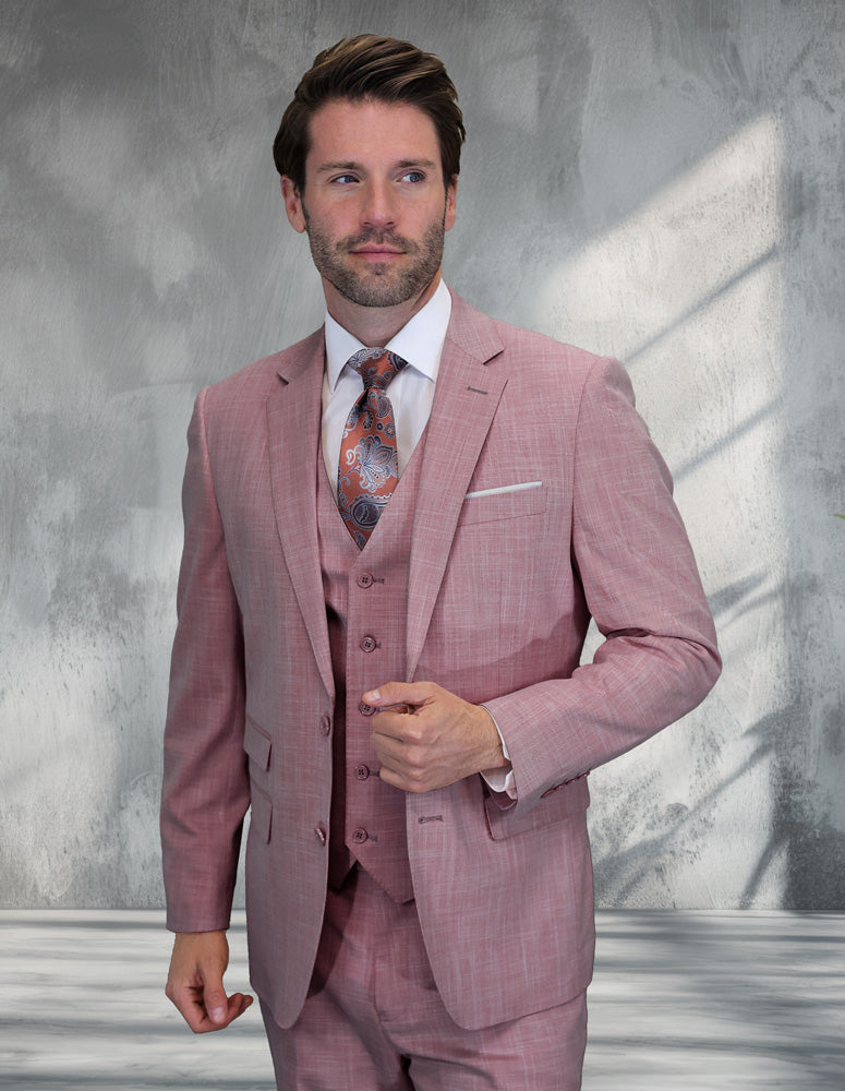 Men’s Blush sharkskin 3-piece suit modern fit Italian wool STATEMENT SUITS LARZO