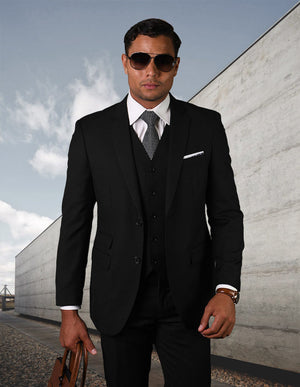 Statement Platinum 3pc Tailored Tailored Fit Solid Color Suit. Super 180\'s Italian Fabric| LAZARO| Black