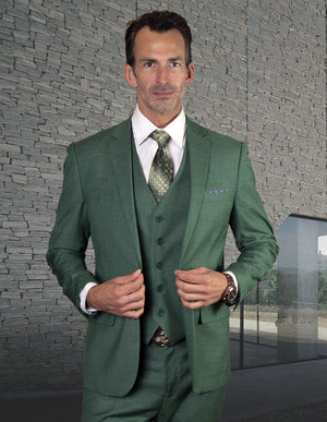 Statement Platinum 3pc Tailored Tailored Fit Solid Color Suit. Super 180\'s Italian Fabric| LAZARO| Forest