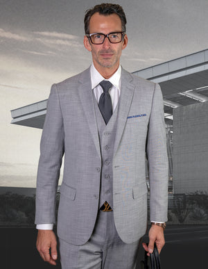 Statement Platinum 3pc Tailored Tailored Fit Solid Color Suit. Super 180\'s Italian Fabric| LAZARO| Grey