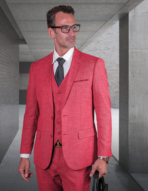 Statement Platinum 3pc Tailored Tailored Fit Solid Color Suit. Super 180\'s Italian Fabric| LAZARO| Magenta