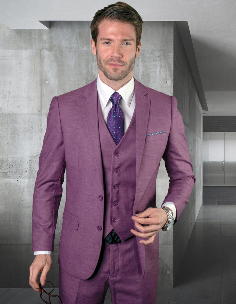 Statement Platinum 3pc Tailored Tailored Fit Solid Color Suit. Super 180\'s Italian Fabric| LAZARO| Mauve